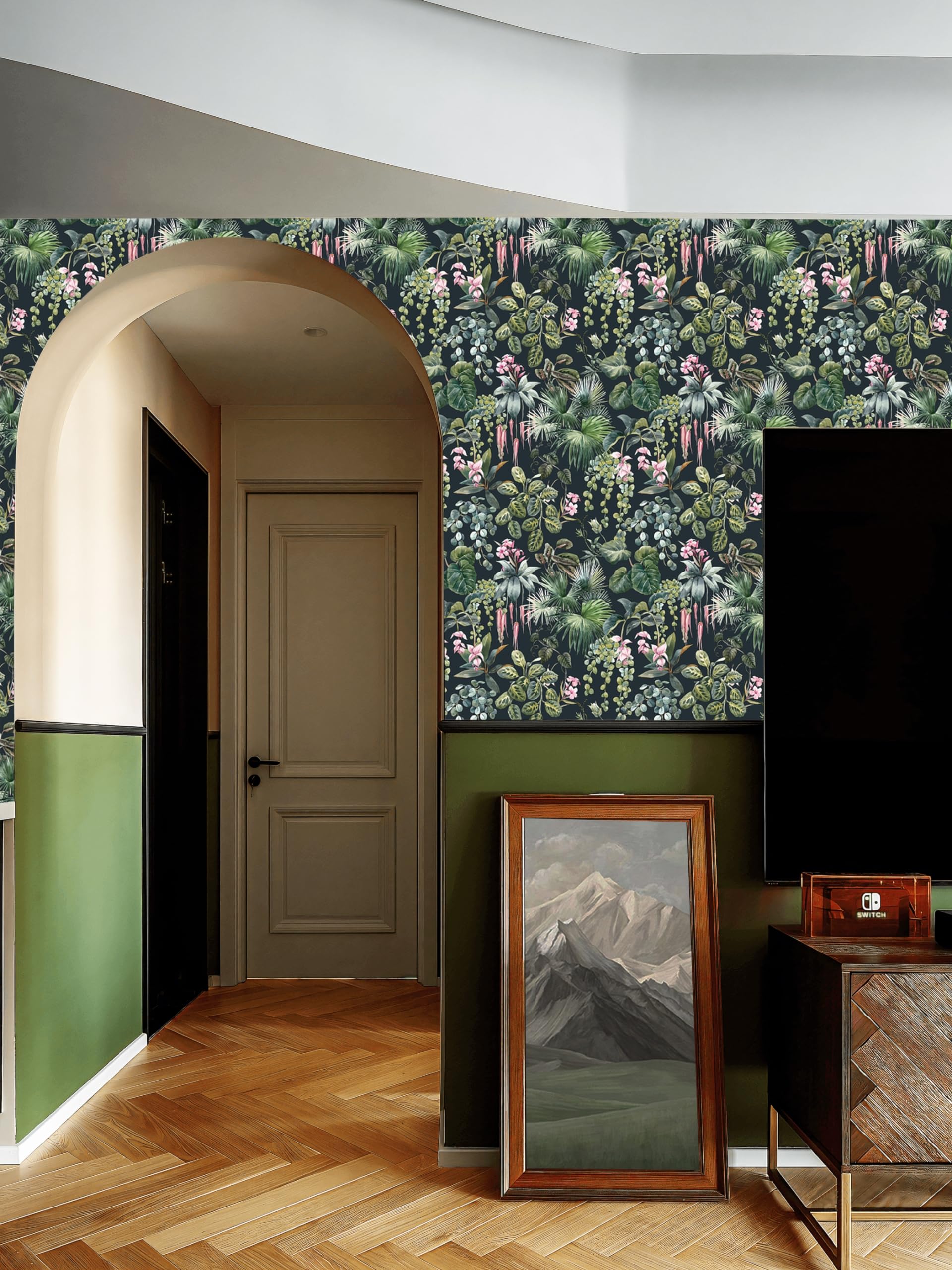 Ismoon Green Peel and Stick Wallpaper, Tropical Wallpaper Black/Green/Pink Contact Paper Jungle Leaf Wallpaper Peel and Stick Removable Wallpaper Vinyl Self Adhesive Wallpaper Waterproof