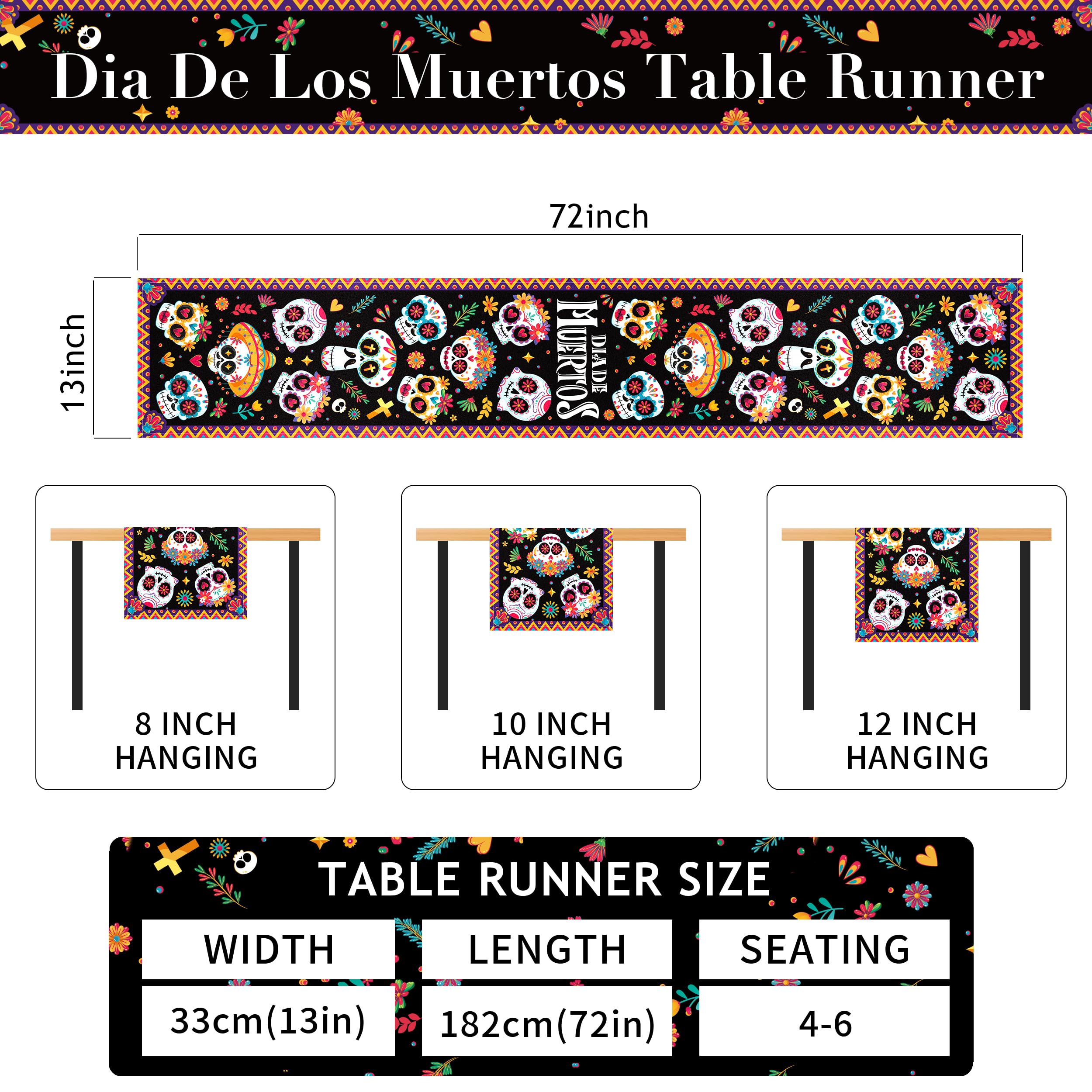 Day of The Dead Table Runner Dia de Muertos Table Runner Mexican Day of The Dead Decorations Sugar Skull Decor Dia De Los Muertos Party Table Decorations -15 x 72inch