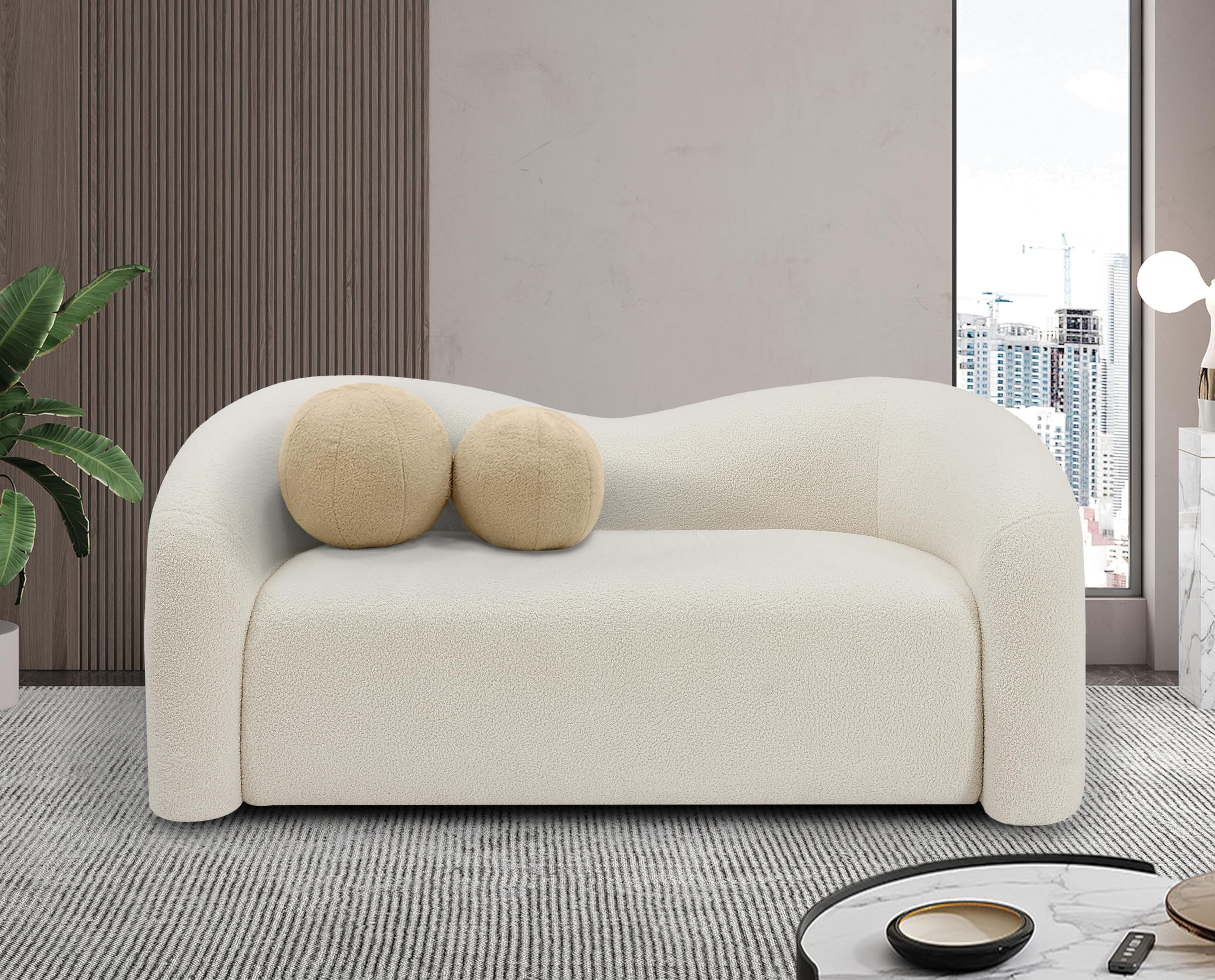 Meridian Furniture 186Cream-L Kali Collection Modern | Contemporary Loveseat with Soft Cream Faux Shearling Teddy Fabric, Curved Back, 62" W x 33" D x 27" H, Cream