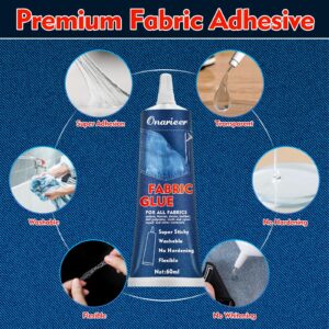 Onarieer 60ml Fabric Glue, Fabric Glue Permanent Clear Washable for Patches Drying Waterproof Fabric Adhesive Glue for All Fabrics, Clothes, Cotton, Flannel, Denim, Leather, Polyester, Doll Repair