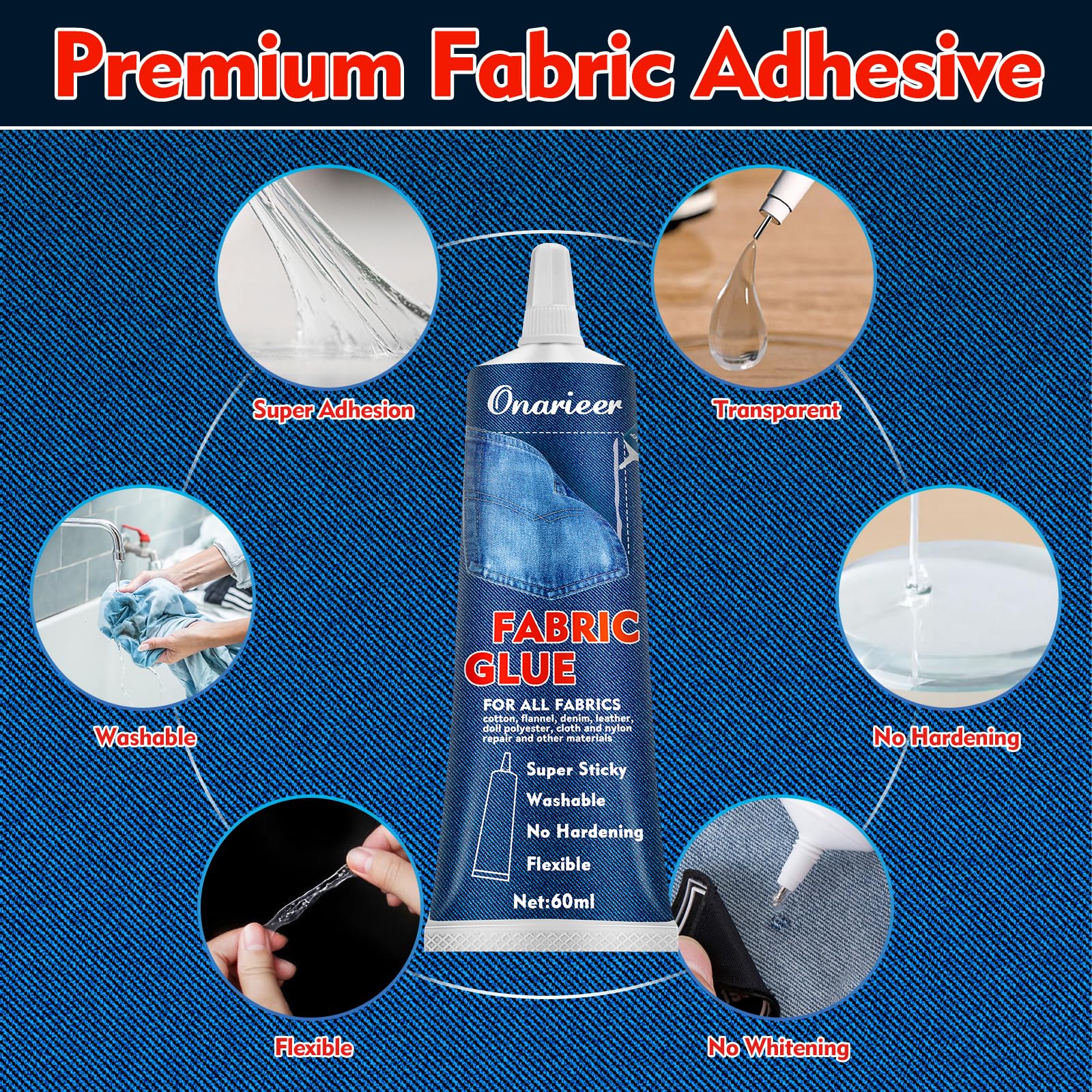 Onarieer 60ml Fabric Glue, Fabric Glue Permanent Clear Washable for Patches Drying Waterproof Fabric Adhesive Glue for All Fabrics, Clothes, Cotton, Flannel, Denim, Leather, Polyester, Doll Repair