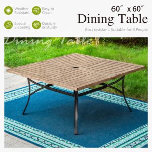 Sophia & William 60" Large Outdoor Patio Table for 8, Outdoor Square Metal Dining Table with 1.9" Adjustable Umbrella Hole, All Weather Wrought Iron Furniture Table for Garden Deck, Brown