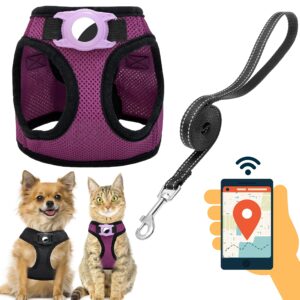 jvvgpet dog harness with airtag holder for small dogs, puppy, cats - no pull step in small dog harness and reflective dog leash set for walking training travel grooming outdoor