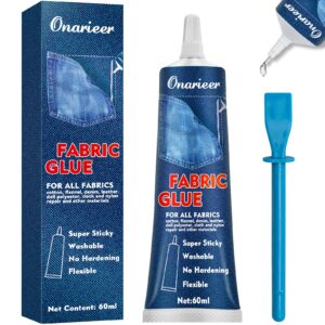 onarieer 60ml fabric glue, fabric glue permanent clear washable for patches drying waterproof fabric adhesive glue for all fabrics, clothes, cotton, flannel, denim, leather, polyester, doll repair