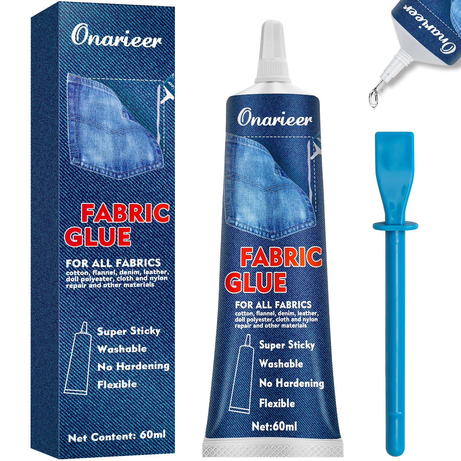 Onarieer 60ml Fabric Glue, Fabric Glue Permanent Clear Washable for Patches Drying Waterproof Fabric Adhesive Glue for All Fabrics, Clothes, Cotton, Flannel, Denim, Leather, Polyester, Doll Repair