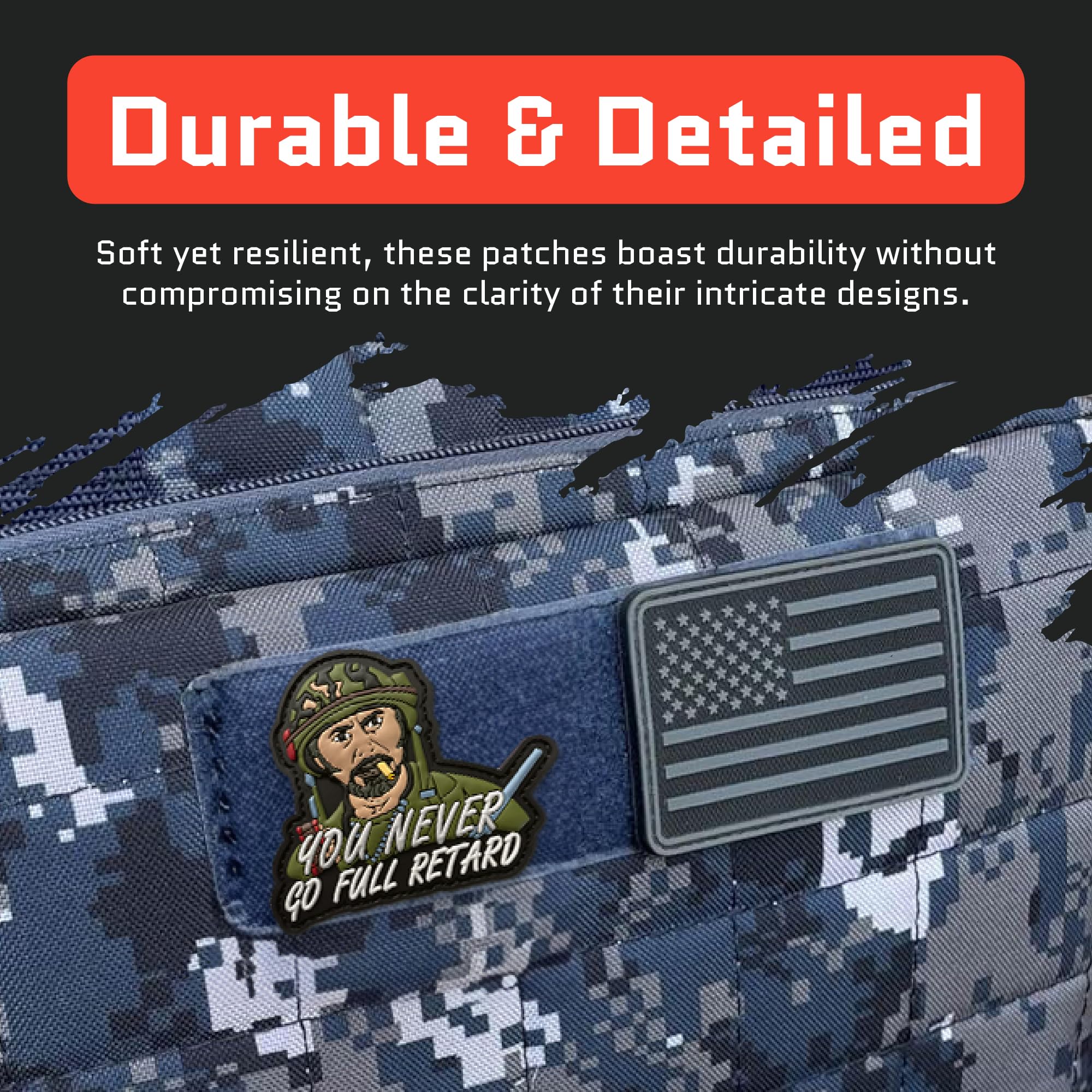 Never Go Full Retard PVC Patch: Humorous Morale Patch with Hook and Loop - Funny Tactical Military Patches, Tropic Thunder, Morale Patches for Backpacks, Helmet and Other Military Tactical Gears