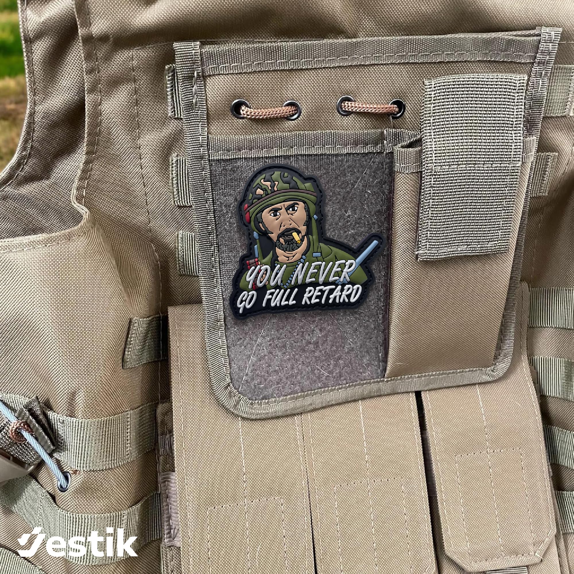 Never Go Full Retard PVC Patch: Humorous Morale Patch with Hook and Loop - Funny Tactical Military Patches, Tropic Thunder, Morale Patches for Backpacks, Helmet and Other Military Tactical Gears