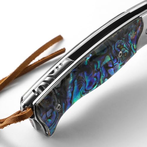 DRACHENADER Damascus Steel Folding Knife Fully CNC Machined- Heavy Duty Damascus Pocket Knife with Clip & Leather Sheath, Abalone Handle, Japanese Style, Blue - For Men