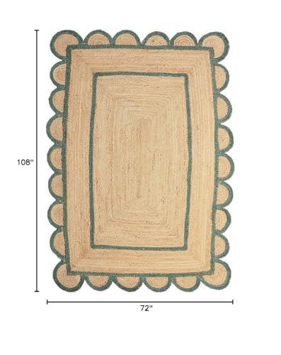 The Weaver House Natural Scalloped Jute Area Rug Bohemian Scallop Boho Decor Area Handwoven Custom Rugs Decorative Rug Reversible Braided Rugs (BD6-6x9-GRN)