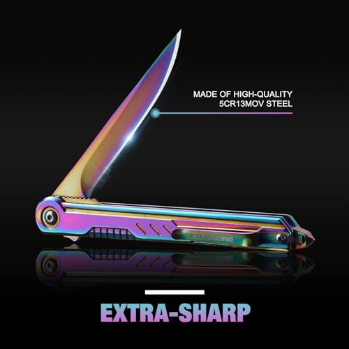 DRACHENADER Rainbow Pocket Knife 8.1" for Men EDC Colored Knife Keychain Pretty folding knife with clip and sheath, gift for mom, girlfriend, women