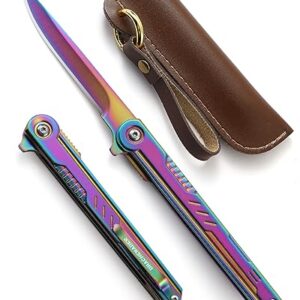 DRACHENADER Rainbow Pocket Knife 8.1" for Men EDC Colored Knife Keychain Pretty folding knife with clip and sheath, gift for mom, girlfriend, women