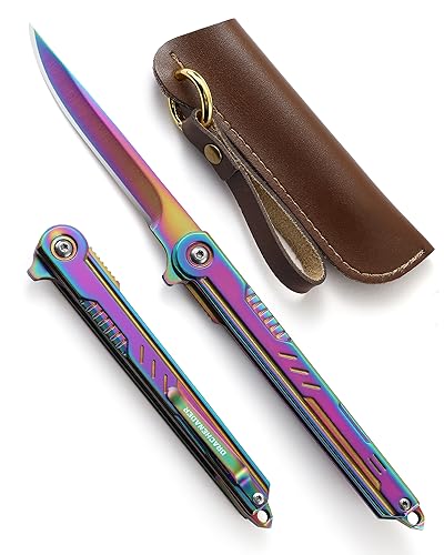 DRACHENADER Rainbow Pocket Knife 8.1" for Men EDC Colored Knife Keychain Pretty folding knife with clip and sheath, gift for mom, girlfriend, women