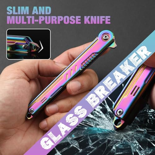 DRACHENADER Rainbow Pocket Knife 8.1" for Men EDC Colored Knife Keychain Pretty folding knife with clip and sheath, gift for mom, girlfriend, women