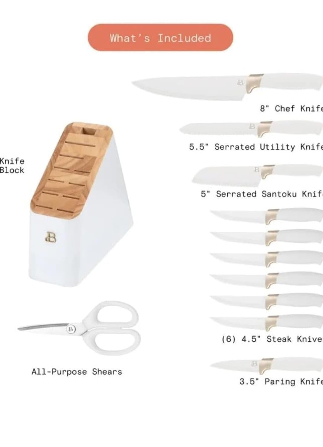 12 Piece Knife Block Set with Soft-Grip Ergonomic Handles White and Gold by Drew Barrymore