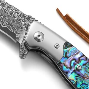 DRACHENADER Damascus Steel Folding Knife Fully CNC Machined- Heavy Duty Damascus Pocket Knife with Clip & Leather Sheath, Abalone Handle, Japanese Style, Blue - For Men