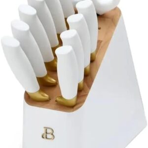 12 Piece Knife Block Set with Soft-Grip Ergonomic Handles White and Gold by Drew Barrymore