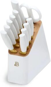 12 piece knife block set with soft-grip ergonomic handles white and gold by drew barrymore