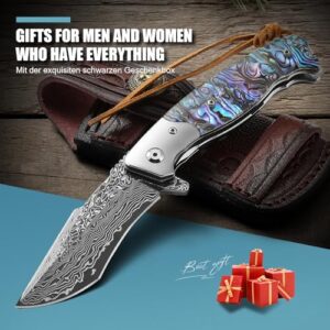 DRACHENADER Damascus Steel Folding Knife Fully CNC Machined- Heavy Duty Damascus Pocket Knife with Clip & Leather Sheath, Abalone Handle, Japanese Style, Blue - For Men