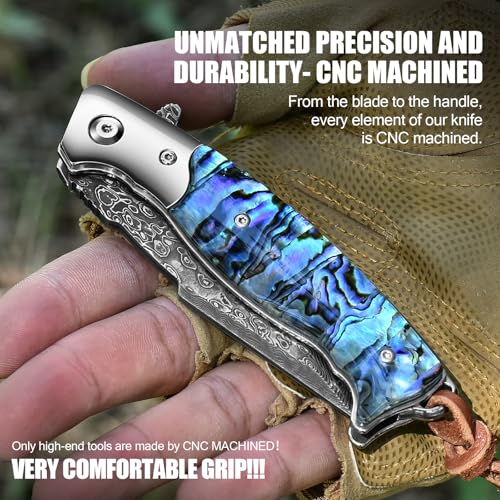 DRACHENADER Damascus Steel Folding Knife Fully CNC Machined- Heavy Duty Damascus Pocket Knife with Clip & Leather Sheath, Abalone Handle, Japanese Style, Blue - For Men