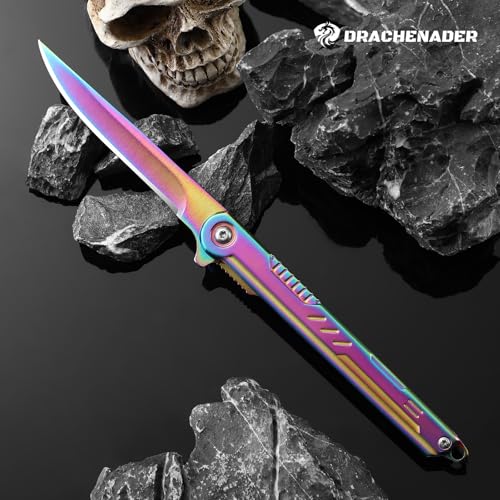 DRACHENADER Rainbow Pocket Knife 8.1" for Men EDC Colored Knife Keychain Pretty folding knife with clip and sheath, gift for mom, girlfriend, women