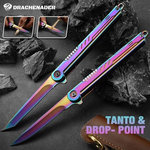 DRACHENADER Rainbow Pocket Knife 8.1" for Men EDC Colored Knife Keychain Pretty folding knife with clip and sheath, gift for mom, girlfriend, women