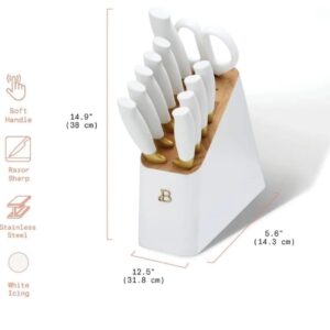 12 Piece Knife Block Set with Soft-Grip Ergonomic Handles White and Gold by Drew Barrymore