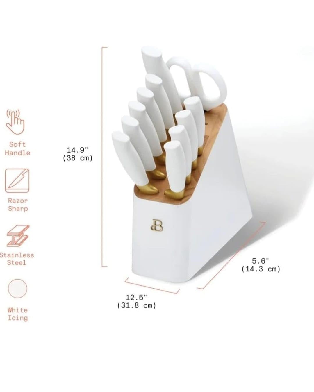 12 Piece Knife Block Set with Soft-Grip Ergonomic Handles White and Gold by Drew Barrymore