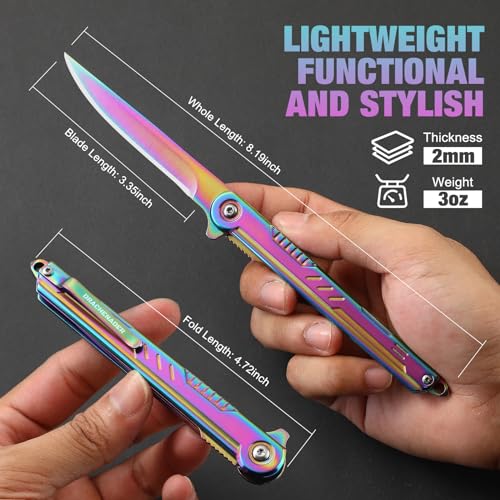 DRACHENADER Rainbow Pocket Knife 8.1" for Men EDC Colored Knife Keychain Pretty folding knife with clip and sheath, gift for mom, girlfriend, women