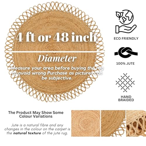 RIANGI Jute Braided Rug Circle Rug 4’ Round Area Rug, Circular Rug - Elegant Rugs for Living Room, 4 Ft Round Rug, Hand Woven Boho Round Rug 4ft for Kitchen, Farmhouse Decorative Floor Rug