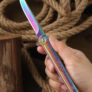 DRACHENADER Rainbow Pocket Knife 8.1" for Men EDC Colored Knife Keychain Pretty folding knife with clip and sheath, gift for mom, girlfriend, women