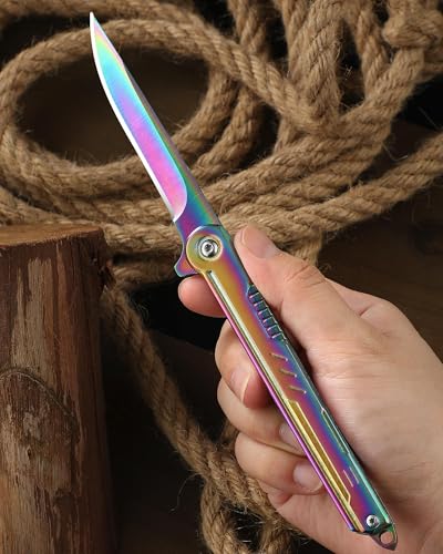 DRACHENADER Rainbow Pocket Knife 8.1" for Men EDC Colored Knife Keychain Pretty folding knife with clip and sheath, gift for mom, girlfriend, women