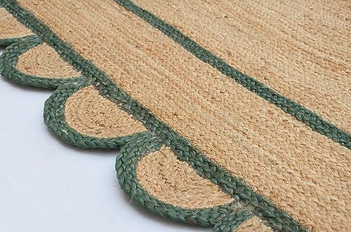 The Weaver House Natural Scalloped Jute Area Rug Bohemian Scallop Boho Decor Area Handwoven Custom Rugs Decorative Rug Reversible Braided Rugs (BD6-6x9-GRN)