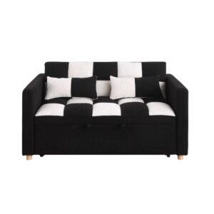 VITOVMA Twin Sleeper Sofa Teddy Fabric Loveseat Couch, 3 in 1 Convertible Sleeper Chair Bed Pull Out Sofabed with Reclining Backrest, 2 Pillows, RV Furniture for Small Places (Black & White)