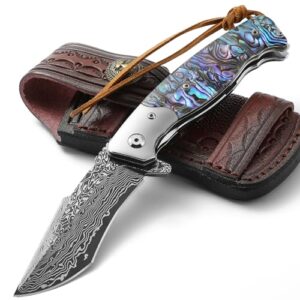 drachenader damascus steel folding knife fully cnc machined- heavy duty damascus pocket knife with clip & leather sheath, abalone handle, japanese style, blue - for men