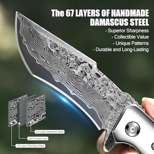 DRACHENADER Damascus Steel Folding Knife Fully CNC Machined- Heavy Duty Damascus Pocket Knife with Clip & Leather Sheath, Abalone Handle, Japanese Style, Blue - For Men