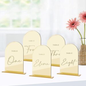 20 pcs gold mirror acrylic arch table numbers for wedding reception, 4.5×5.7 inch gold acrylic wedding table signs 1-20 with holders, minimalist style gold mirror arch table numbers, for restaurant