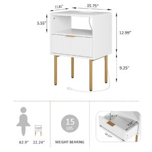 AEPOALUA Nightstand with Charging Station,Small Bedside Table with Gold Frame,White Night Stand,Bedside Furniture,Side Table with Drawer and Shelf for Bedroom,Living Room,Stripe