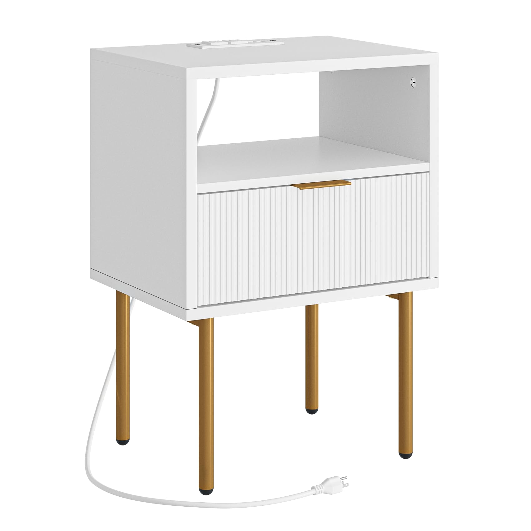 AEPOALUA Nightstand with Charging Station,Small Bedside Table with Gold Frame,White Night Stand,Bedside Furniture,Side Table with Drawer and Shelf for Bedroom,Living Room,Stripe