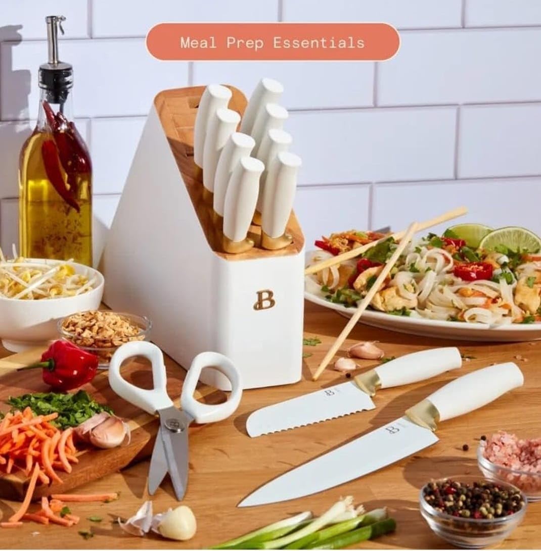 12 Piece Knife Block Set with Soft-Grip Ergonomic Handles White and Gold by Drew Barrymore