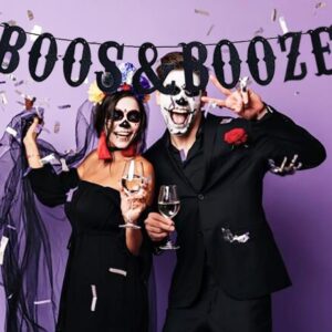 Black Halloween Boos & Booze Banner, Black Glittery Halloween Party Banner for Hocus Pocus Party Decorations, Halloween Bachelorette Party Decorations,Boos and Booze Decor