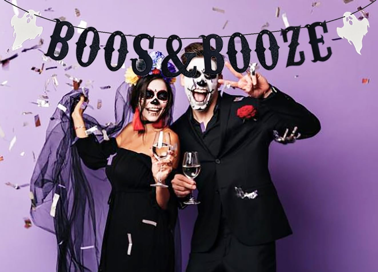 Black Halloween Boos & Booze Banner, Black Glittery Halloween Party Banner for Hocus Pocus Party Decorations, Halloween Bachelorette Party Decorations,Boos and Booze Decor