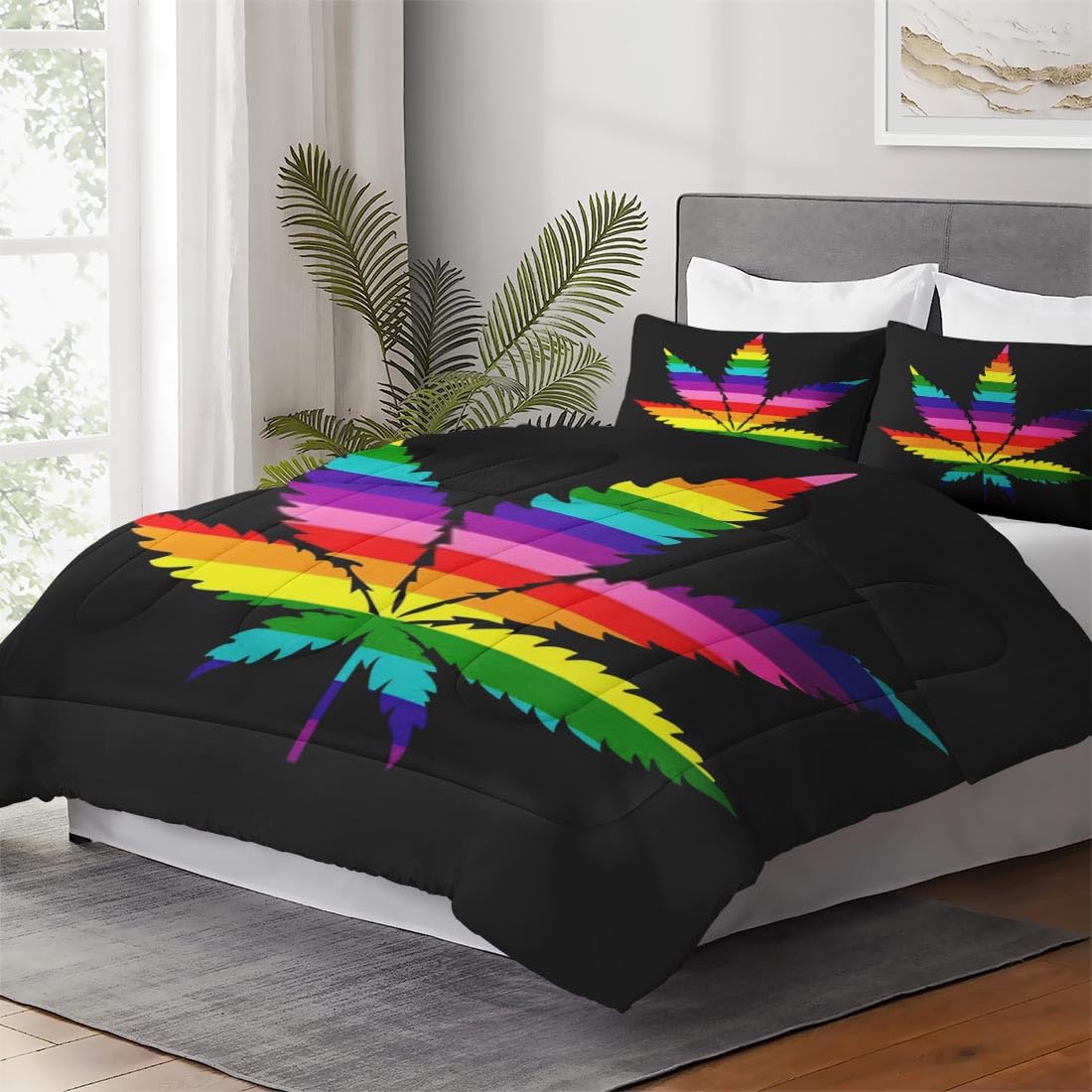 Pinbeam Comforter Set Queen Size, Rainbow Leaf Gay Pride Bedding Set for Kids and Adults Bedroom Decor, Love Women Teenage Comforter Set and 2 Pillow Cases