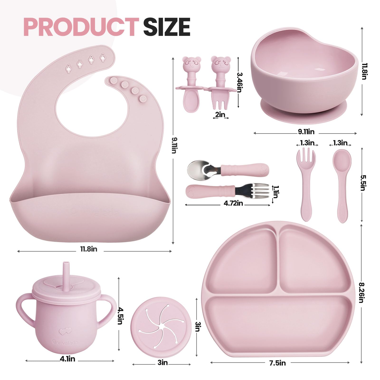 Vivalada Silicone Baby Feeding Set - 12PCS Baby Led Weaning Supplies, Baby Suction Plate with Lid and Bowl Set, Baby Self Feeding Spoons Forks Sippy Cup and Bib, Baby Eating Set 6+ Months (Pink)