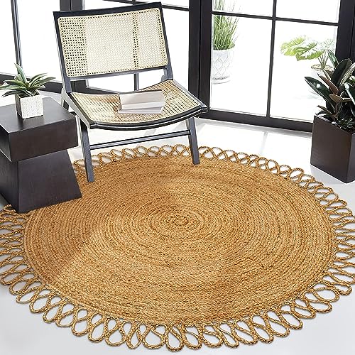 RIANGI Jute Braided Rug Circle Rug 4’ Round Area Rug, Circular Rug - Elegant Rugs for Living Room, 4 Ft Round Rug, Hand Woven Boho Round Rug 4ft for Kitchen, Farmhouse Decorative Floor Rug