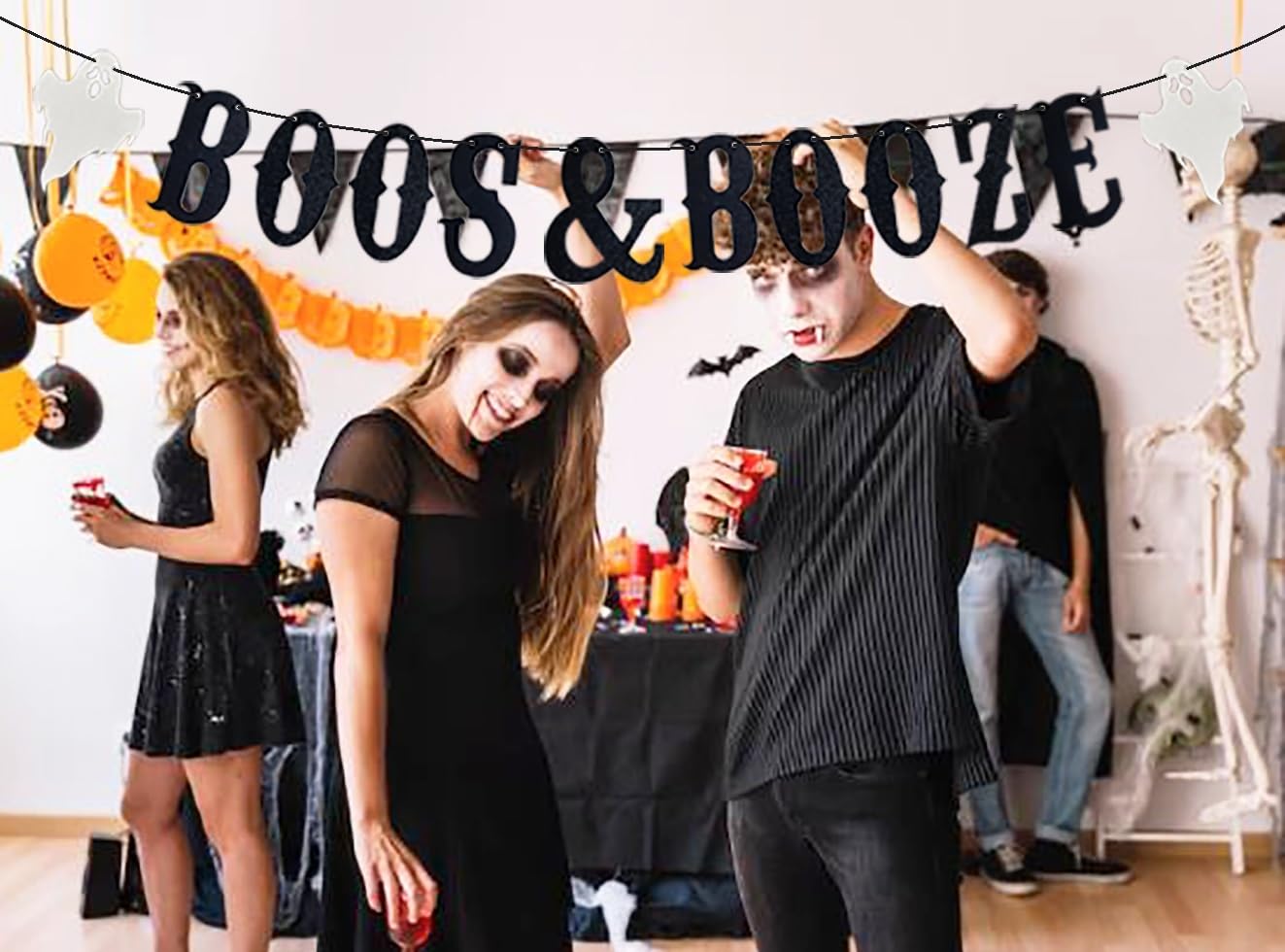 Black Halloween Boos & Booze Banner, Black Glittery Halloween Party Banner for Hocus Pocus Party Decorations, Halloween Bachelorette Party Decorations,Boos and Booze Decor