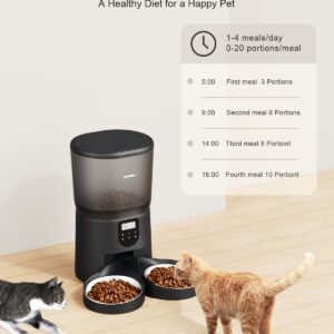 Automatic Cat Feeders for Two Cats, Katalic 6L/25.4cup Double Automatic Cat Food Dispenser with 2 Stainless Bowls,10s Meal Call and Timer Setting 20 Portions 4 Meals Per Day,Pet Feeder for Cat and Dog