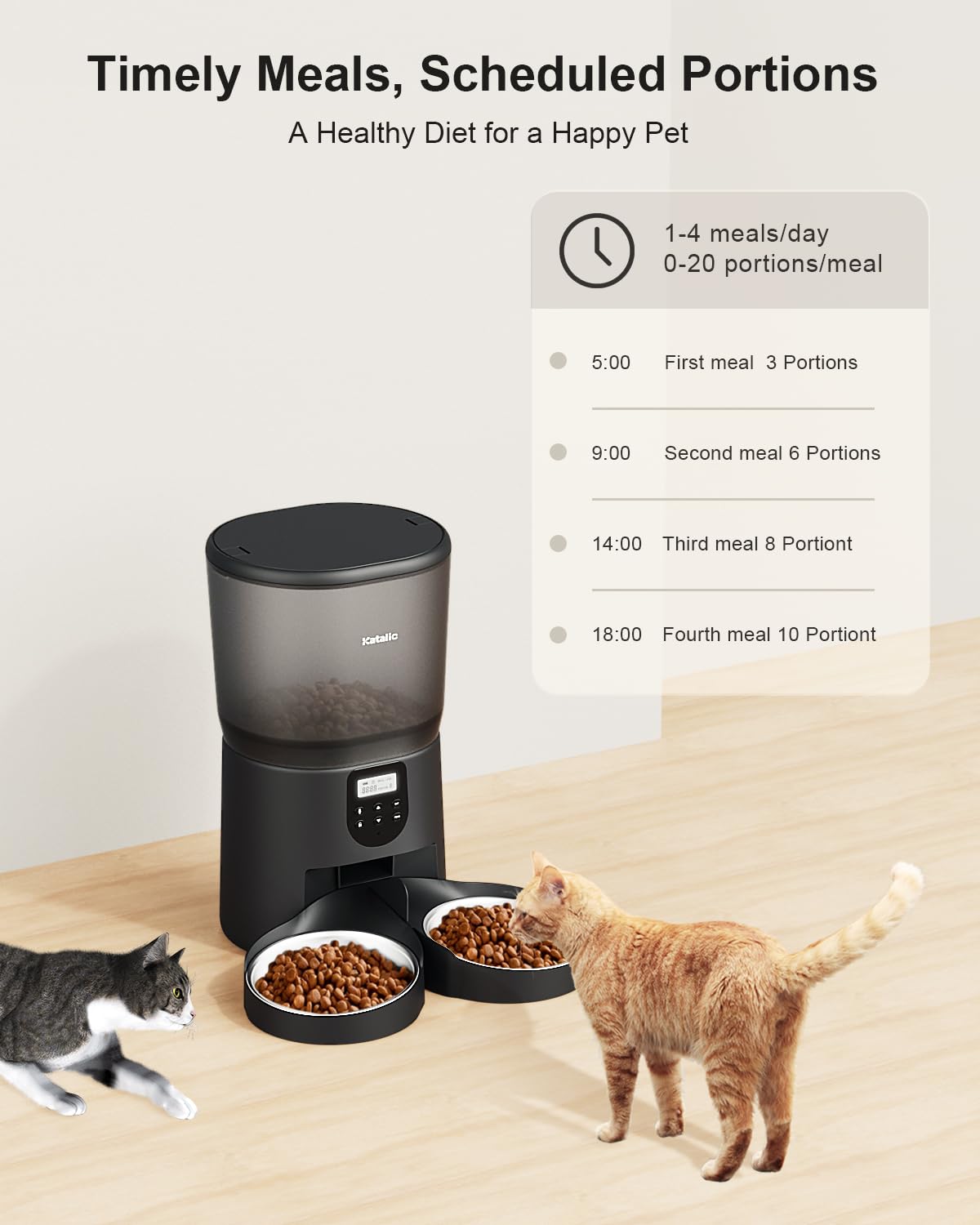 Automatic Cat Feeders for Two Cats, Katalic 6L/25.4cup Double Automatic Cat Food Dispenser with 2 Stainless Bowls,10s Meal Call and Timer Setting 20 Portions 4 Meals Per Day,Pet Feeder for Cat and Dog