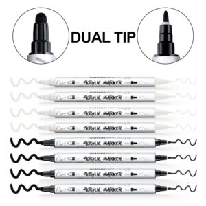 TRANSON 4 Black and 4 White Paint Pens Bold and Fine Dual-tip Acrylic Paint Marker Set for Rock Painting Glass Canvas Wood Leather Ceramic Painting