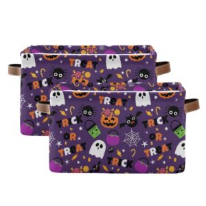 Happy Halloween Purple Storage Basket Fabric Kitchen Baskets Pumpkin Skull Ghost Bat Trick or Treat Open Home Storage Bins Boxes Foldable for Candy Toy Decorations Baskets 16×12×8 Inches