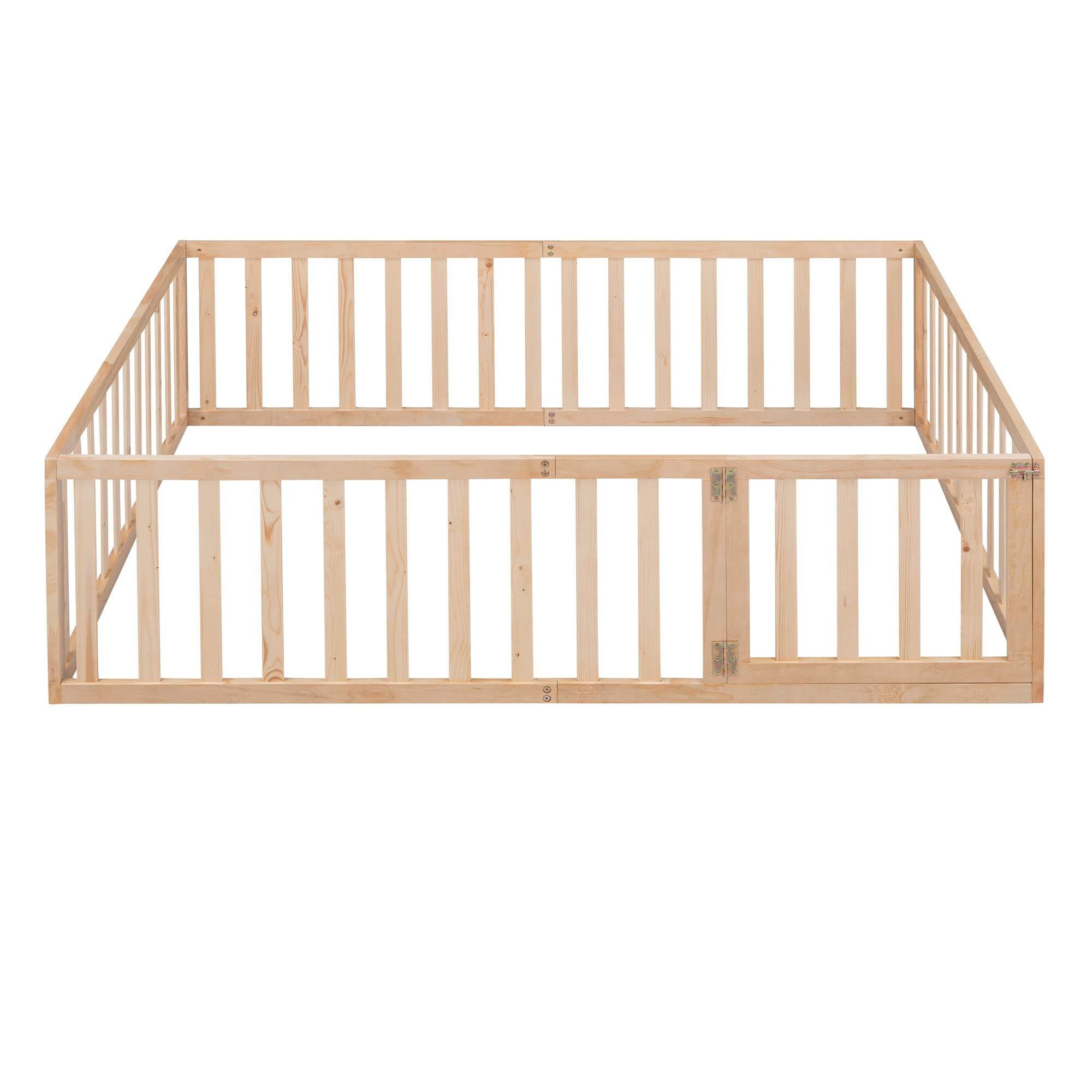 Full Size Floor Bed with Safety Fence and Door and Slats，Wood Montessori Floor Bed for Kids，No Box Spring Needed,for Boys Girls,(Natural)